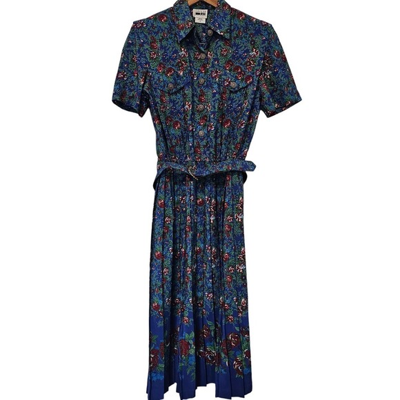 Vintage Dresses & Skirts - Vintage Leslie Fay 80s Shirt Dress Womens Size 10 Blue Red Pleated Midi Floral
